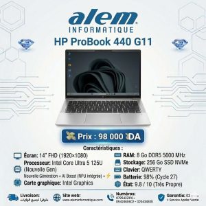 HP ProBook 440 G11 – Ultra 5 125U / 8 Go DDR5 / 256 Go SSD / 14″ FHD