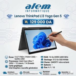 Lenovo ThinkPad L13 Yoga Gen 5 – Ultra 7 165U / 16 Go DDR5 / 512 Go SSD / Tactile x360 + Stylet