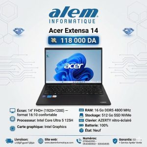 Acer Extensa 14 – Ultra 5 125H / 16 Go DDR5 / 512 Go SSD / 14″ FHD+ 