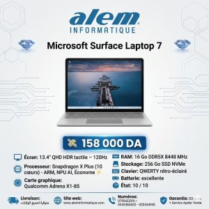 Microsoft Surface Laptop 7 – Snapdragon X Plus / 16 Go DDR5X / 256 Go SSD / 13.4″ QHD 120Hz Tactile